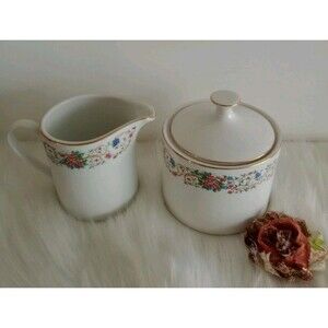 Farberware MONACO Creamer and Sugar Bowl Set Pink Blue Flowers Gold  '97 #3111